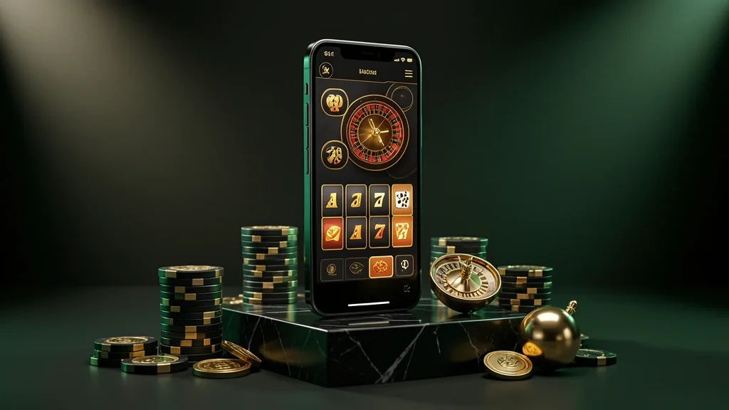 Celular negro con aplicación de casino, fichas y monedas doradas
