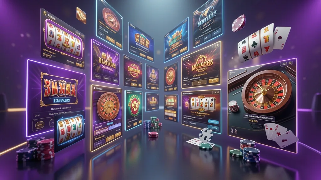 Ventanas flotantes de juegos de casino con ruleta, cartas y fichas