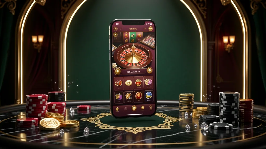 Celular flotante con aplicación de casino rodeado de fichas doradas