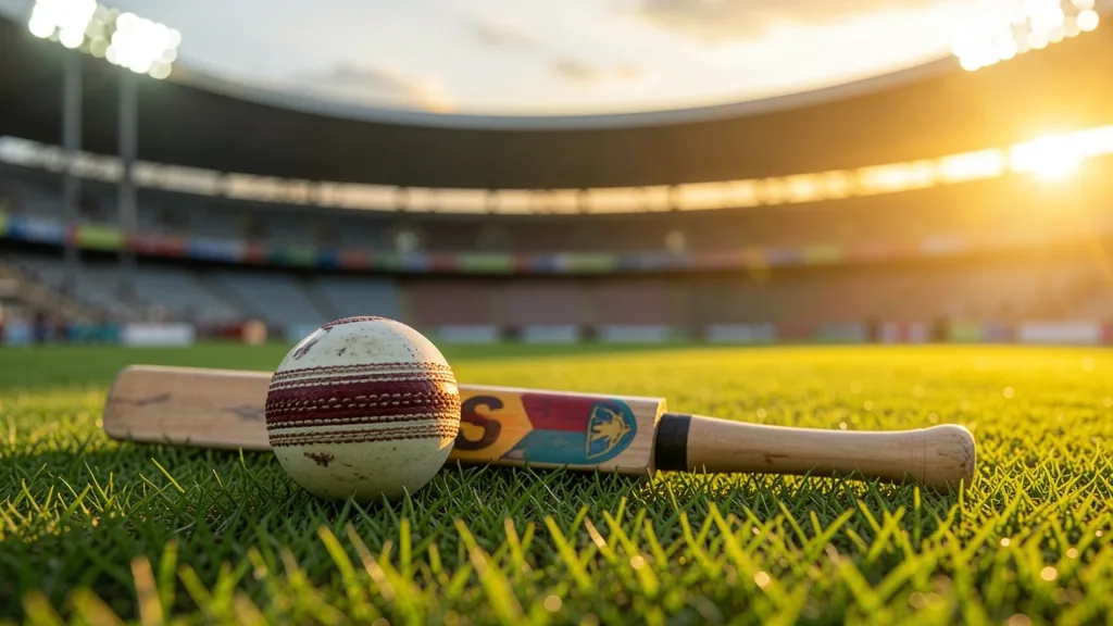 Pelota y bate de críquet sobre césped verde al atardecer