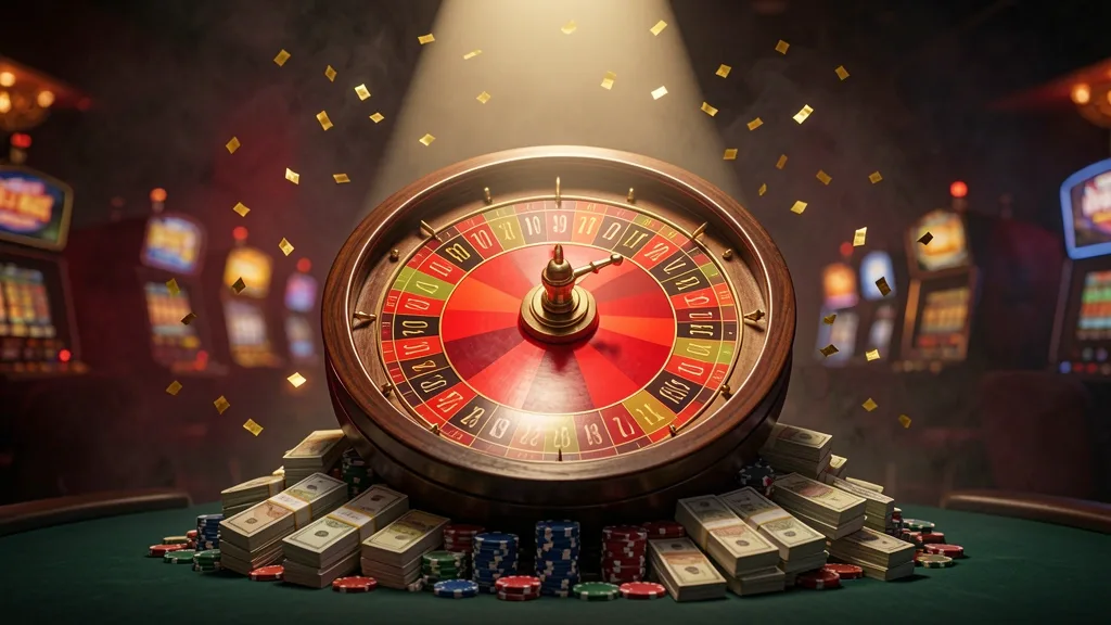 Ruleta gigante con puntero sobre sector rojo, billetes y fichas