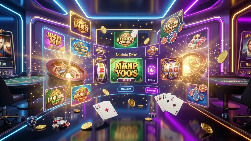 Lobby digital de casino con juegos, tragamonedas, ruleta y fichas