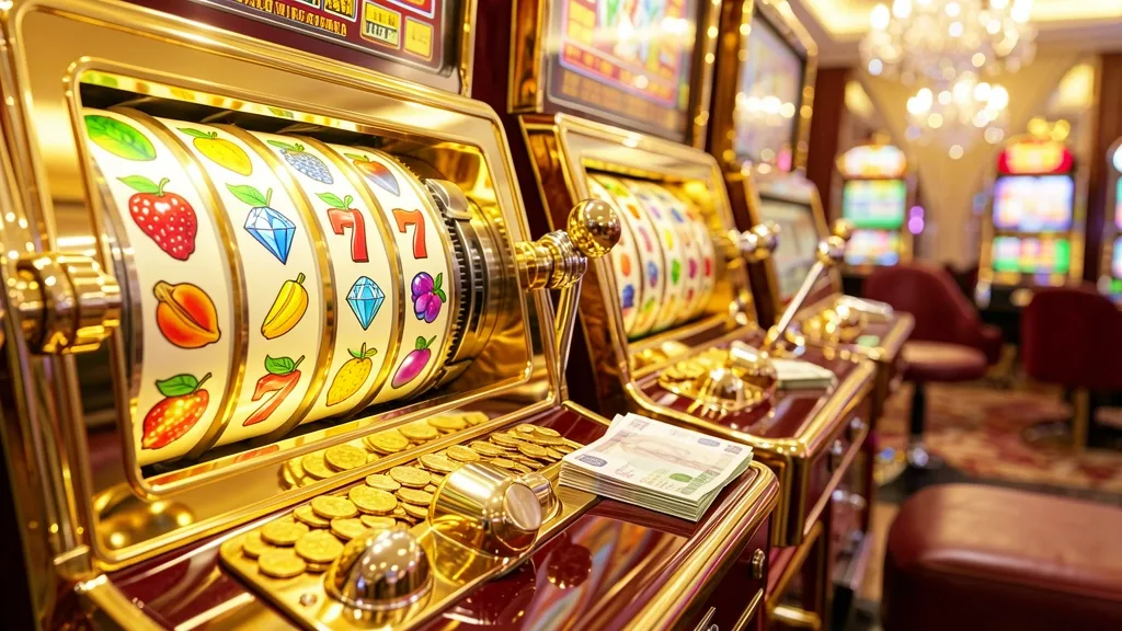 Tragamonedas clásicos con frutas, diamantes, sietes, monedas y billetes