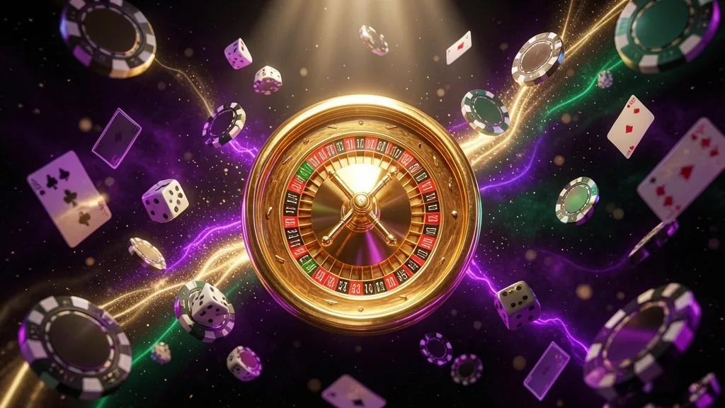 Ruleta dorada flotando entre fichas, dados y cartas iluminadas