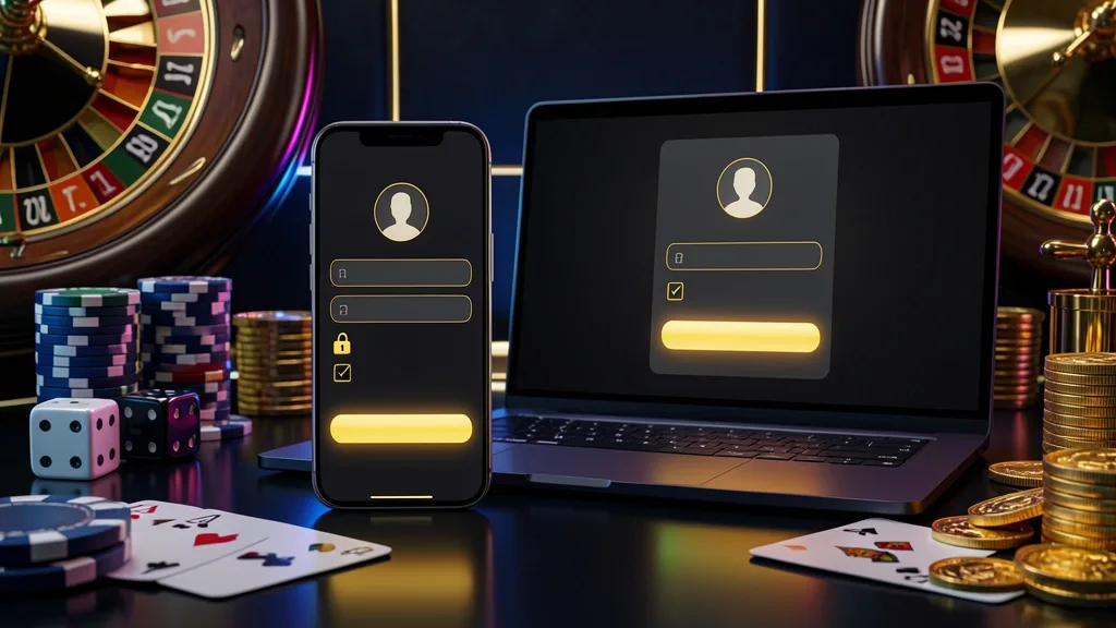 Celular y laptop muestran autenticación de casino con campos vacíos